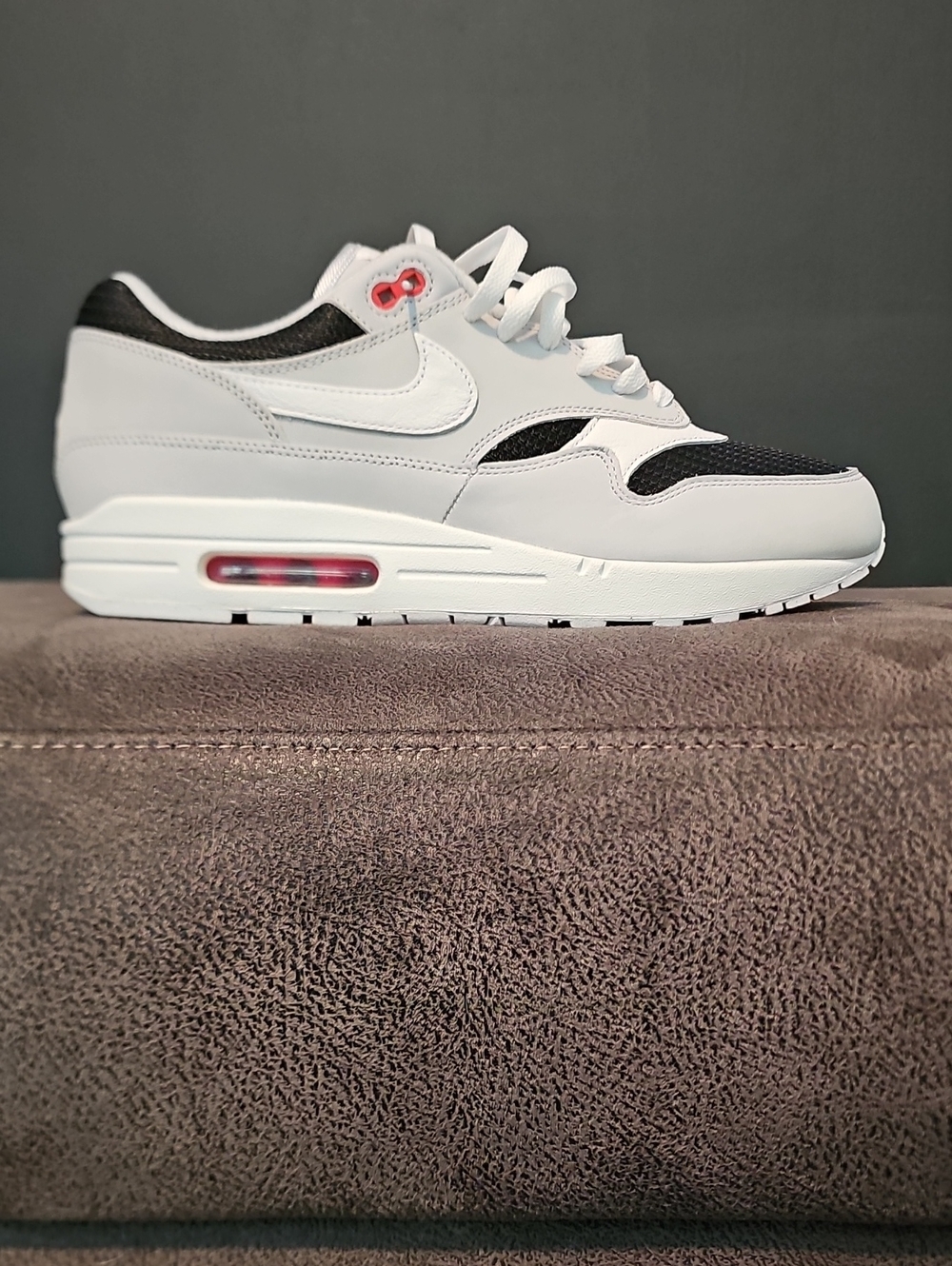 Nike Men's White and Black Air Max Sneaker with Pink Accent